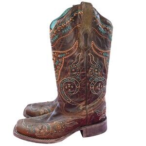 Corral Western Boots Size 8M Brown Embroidered Steer Head Square Toe Comfort